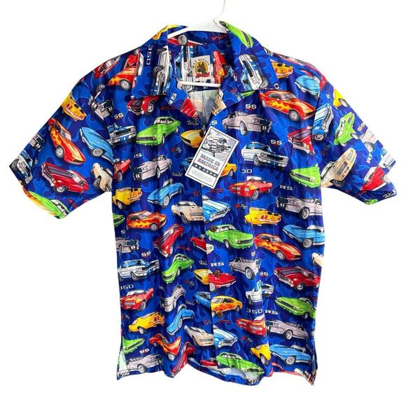Max Boxxer Hawaiian Button Up Camp Shirt Muscle Cars Blue M AOP Mens Colorful - Picture 1 of 7